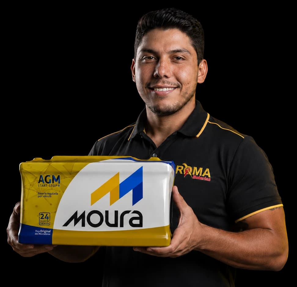 Dono da Roma Baterias segurando uma bateria Moura AGM